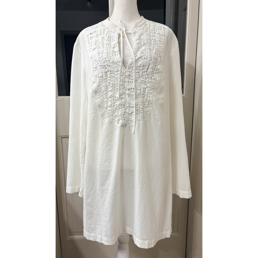 Escada White Cotton Crochet Lace Tunic Dress Long Sleeve Women's EU 46 US 16
